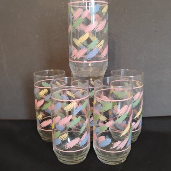 Libbey Vintage Pastel Brush Stroke Pattern Tumblers/ HiBall, set of 6 - Picture 2 of 5